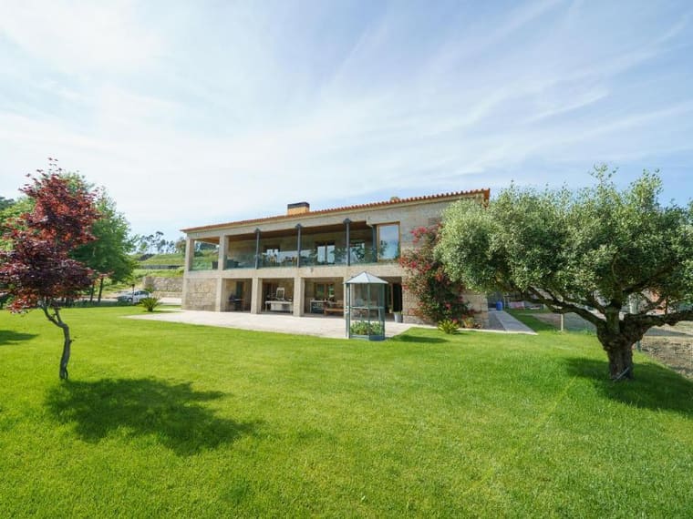 A casa da quinta vista do relvado, com uma oliveira à direita